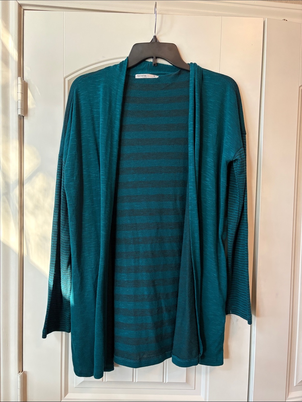 Tresics Teal Open-Front Striped Lightweight Cardigan